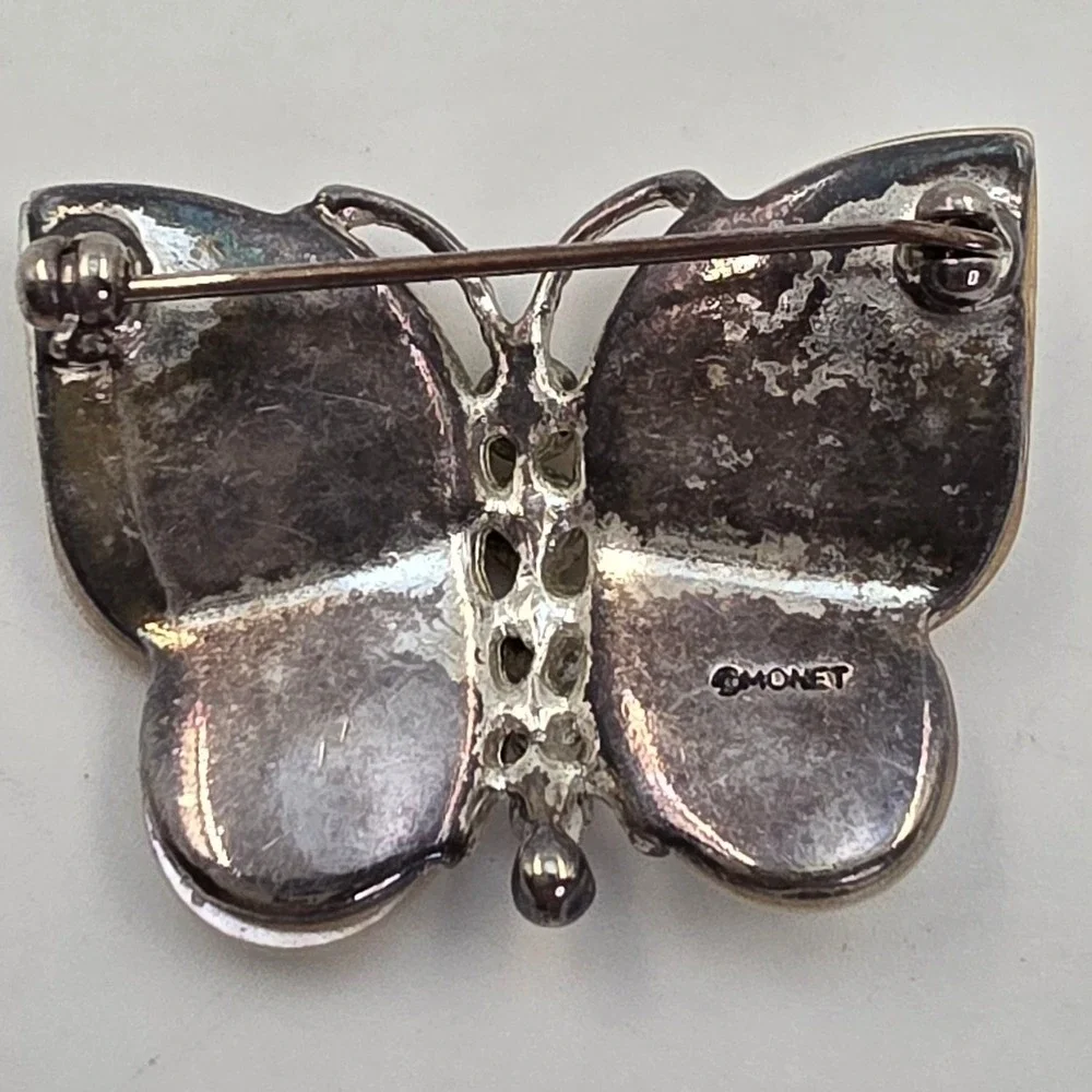 Monet Butterfly Brooch Mother of Pearl Rhinestone Silver Tone Vintage Pin